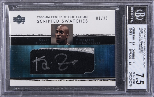 2003-04 UD "Exquisite Collection" Scripted Swatches #KG Kevin Garnett Signed Card (#01/25) - BGS NM+ 7.5/BGS 10